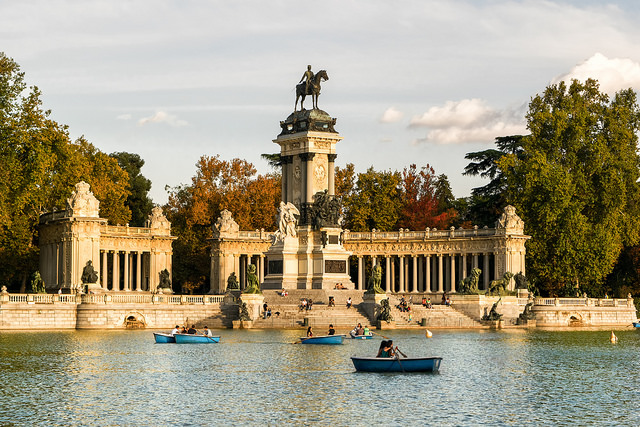 The big pond at El Retiro Park filled with boats