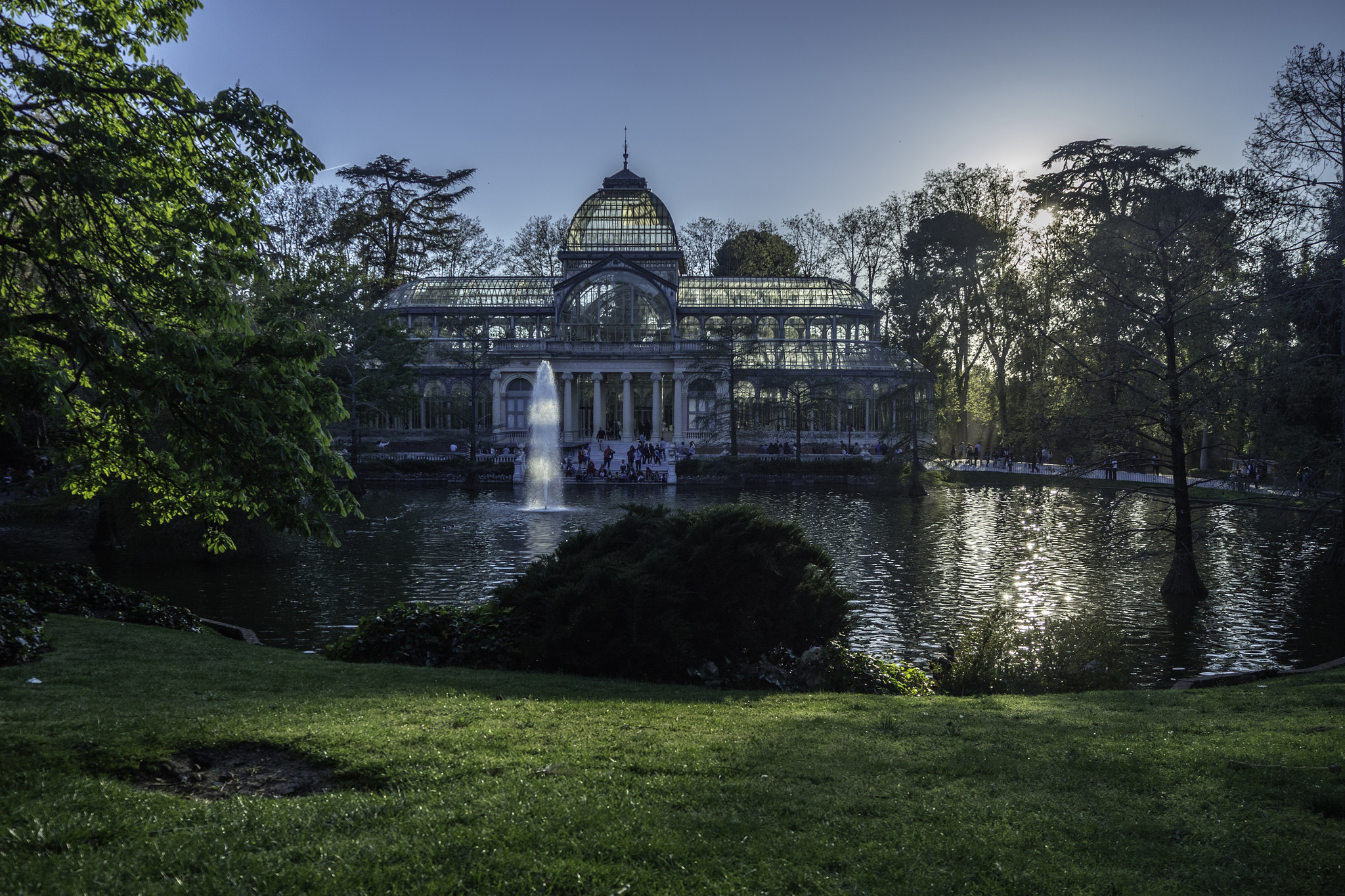 The Crystal Palace and outdoor water feature during the mid day